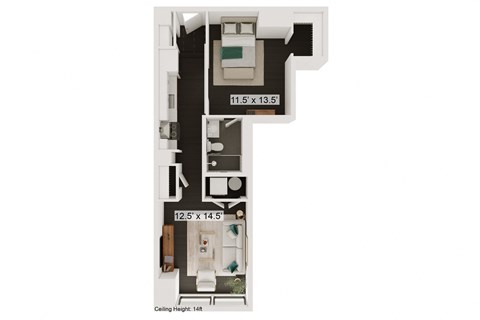 Floor plan for 1 bed, 1 bath, 587 sqft